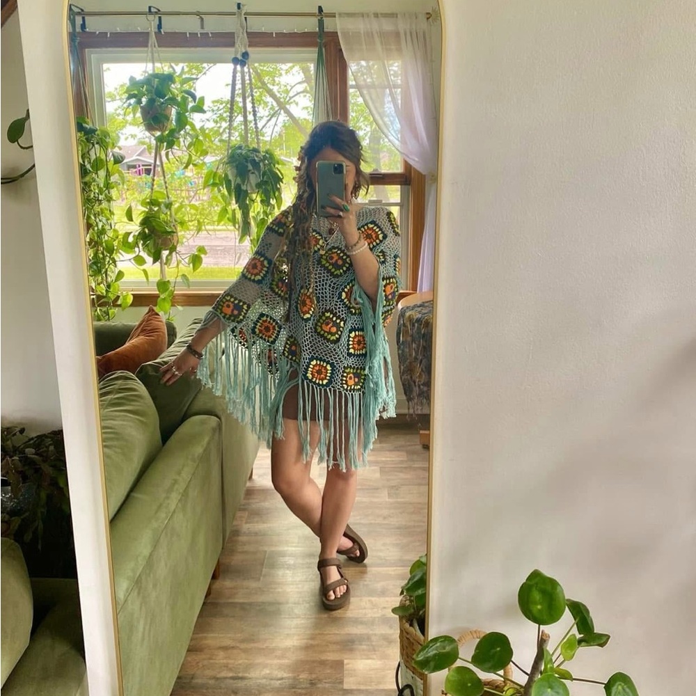 Urban Outfitters Mint Blue Crochet Fringe Poncho with Multicolor Squares